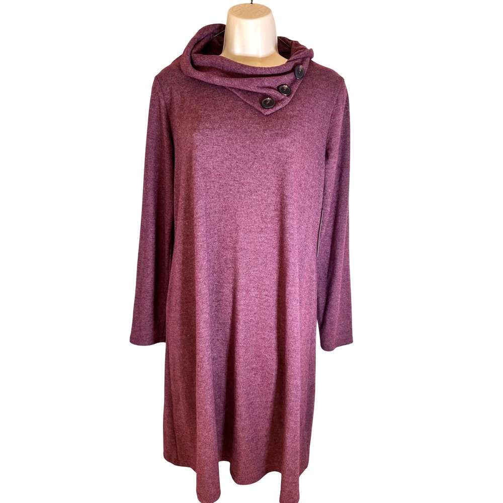 NWT‎ French Grey Anita Sweater Dress Burgundy Size L Button Cowl Neck Cozy Knit